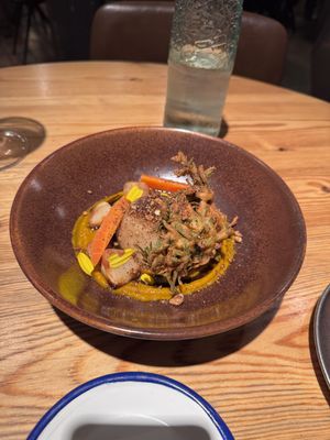 Smoked CELERIAC pddung, carrot soup, leaf pakora, skin caramel, hazelnut and coffe salt at Rasoterra in Barcelona