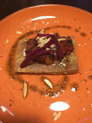 chickpea farinata with ratatouille & beetroots at Rasoterra in Barcelona