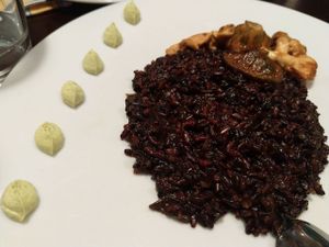 Surf and turf black rice (with seaweeds and mushrooms) at Rasoterra in Barcelona