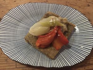 Second dish: chickpea farinata with marinated vegetables at Rasoterra in Barcelona