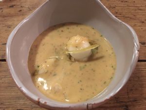 First dessert: peach ceviche with yuzu ice cream and tiger’s milk at Rasoterra in Barcelona