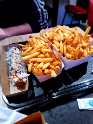 Fries small and large and frikandel special at Pepas Vegan Frituur in Leuven