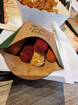 New veggie sticks of spinach, corn and couple others. Yummy! at Pepas Vegan Frituur in Leuven