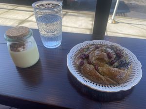 Lemon curd Cream pot & Matcha sticky bun  at Orange & Blossom Patisserie in Portland