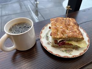 coffee and a sandwich!  at Orange & Blossom Patisserie in Portland