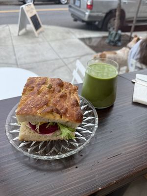 Beetroot and Hummus Sandwich & Cold Matcha Lattée  at Orange & Blossom Patisserie in Portland
