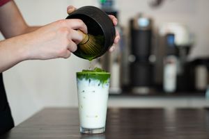 Organic + Vegan (almond milk) Ceremonial Matcha Latte at the Rockin' Cat Organic Cafe in Bellevue, PA. at Rockin' Cat Organic Cafe & Roastery in Bellevue