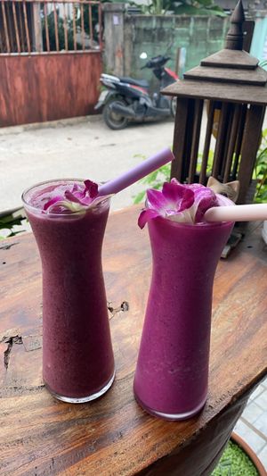 Berry smoothie and dragonfruit smoothie with protein powder yummmm and decent size  at Pure Vegan Heaven - Old Town in Chiang Mai