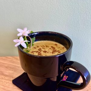 Charity Golden Milk.
Plant-based milk, turmeric, ginger, cinnamon, salt, black pepper, vanilla flavour, palm sugar syrup. $0.50 go to a local animal welfare project. at Cambodhi in Kampot