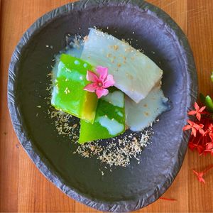 Pandan Coco Cake: Rice flour pandan and coconut cake with coconut sauce. at Cambodhi in Kampot