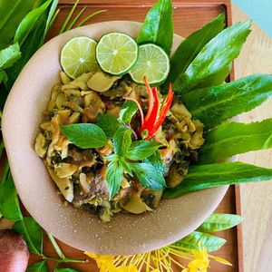 Mushroom Sensation:
Mixed steamed mushrooms with herbs in a tamarind sauce. Served with white or red rice. at Cambodhi in Kampot