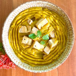 Pumpkin Mango Soup:
Sweet and spicy soup with mango, pumpkin and sweet potato. Served with sliced whole grain bread. at Cambodhi in Kampot