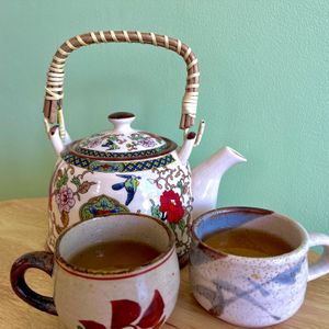 Organic Tea: Pot of organic tea. Our selection: Breakfast tea, Chai mix red tea, Detox mix, Sencha. at Cambodhi in Kampot