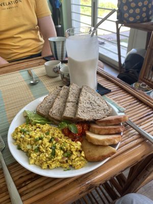Tried to upload the video of the mango sticky rice but that won’t work. This is the scrambled tofu and the tahini drink!  at Cambodhi in Kampot
