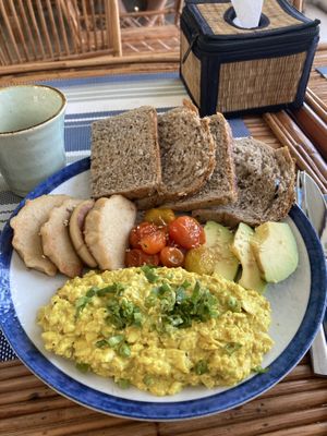 The hearty breakfast, which includes creamy coconuty tofu scramble - worth a try!   at Cambodhi in Kampot