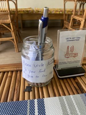 Cute little order pen & paper thing / wifi  at Cambodhi in Kampot