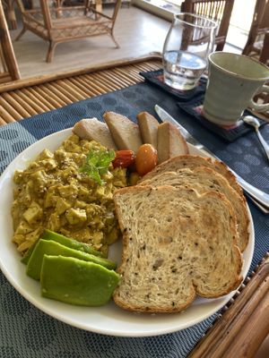 Scrambled tofu with toast  at Cambodhi in Kampot