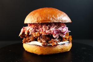 Pulled BBQ Jackfruit with mayo and coleslaw. Served with fries on the side.
 at Nabati Bistro in Dubai