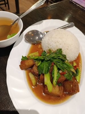 Fried Kale and crispy soy pork. at Krua Boon - Silom - ครัวบุญ in Bangkok