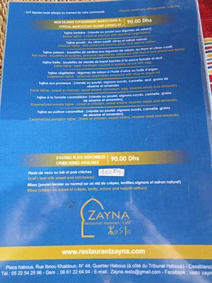 Menu at Zayna Moroccan Taste in Casablanca