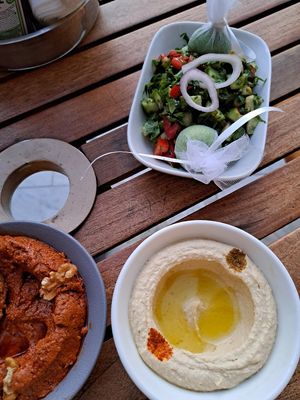 Baladi salad, muhammara and hummus at Egyptian Nights in Cairo