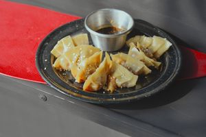 Vegan gyosas with home made dough filled with styr-fryed vegetables. at El Exceso Food Truck in Mexico City