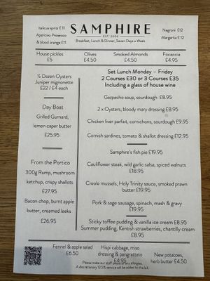 New set lunch menu  at Samphire in Whitstable