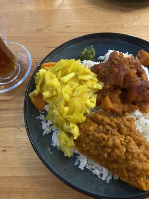 Vegan combo (veggies, lentils, pumpkin) with rice and complimentary tea ❤️  at Flavours Of Ethiopia in Canberra