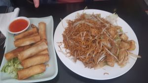 veggie spring rolls and veggie chow mein at Aobaba in Dublin