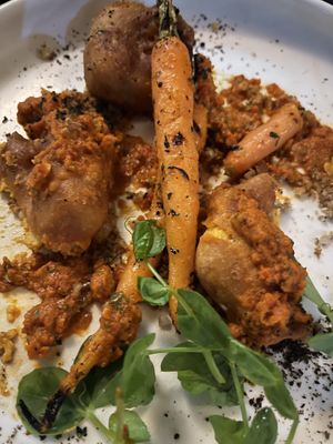 Tempura carrot mousse dish   at Osprey's Restaurant in Oak Beach