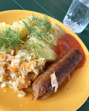 Bodhisattva's Lunch: boiled potato with vegan homemade sausage, sauerkraut and ketchup with baked bell peppers at Internet Cafe in Yerevan