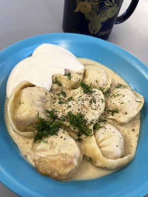 Vegan dumplings stuffed with plant "meat", in vegan broth and vegan sour cream, it was OMG!!! at Internet Cafe in Yerevan