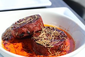 Beurre Rouge Filet 
100% plant-based topped with beurre rouge glaze (made from plant-butter and red wine). Served with plant-based mashed potatoes and vegetable based gravy  at Sacy's in Brimley