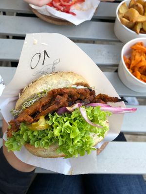 vegan pastrami burger with sweet potato fries at Krowarzywa - Hoza in Warsaw