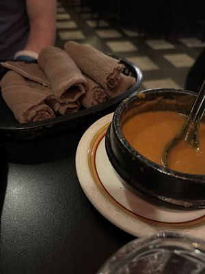 Chickpea stew and injera  at Mesob Ethiopian Restaurant in Denver