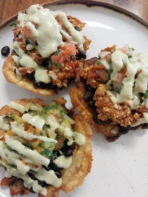 two tofu tostones & a mango salsa tostone (no cojita) at Roots Latin Grill in Springfield
