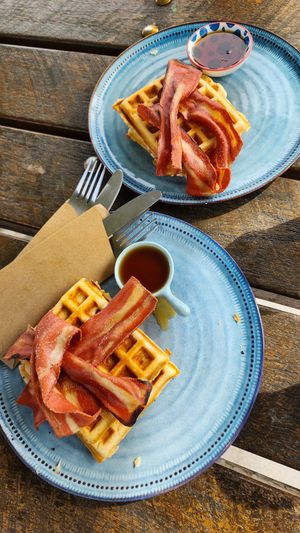 Vegan waffles w/vegan bacon at The Cove in Lakes Entrance