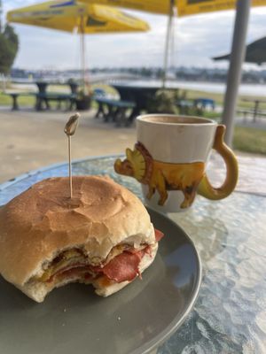 ‘The ‘Peter Dinklage’ again but this time with tomato chutney and amazing soy flat white.   at The Cove in Lakes Entrance