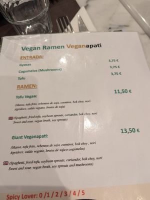 Menu at Veganapati in Lisbon