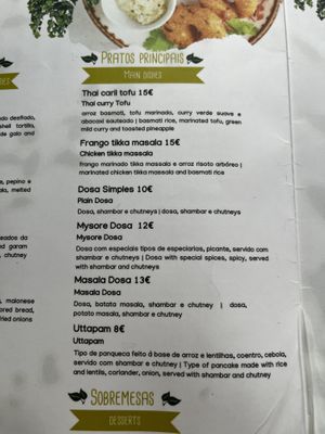 The Indian main dishes. The menu has much more types of food, too. All vegan!  at Veganapati in Lisbon