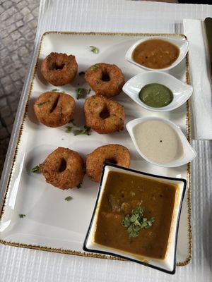 Lentil doughnuts with sauces   at Veganapati in Lisbon