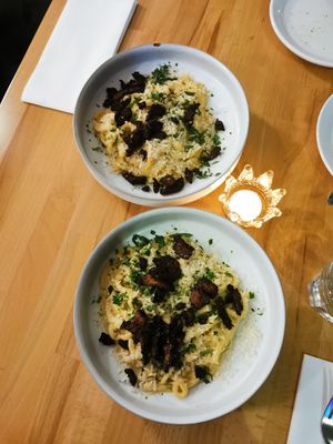 Udon carbonara with tempeh bacon and parmesan at St. Elsewhere in Ottawa