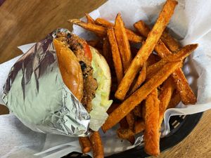Vegan burger and sweet potato fries   at Elevated Eats - The Joint in Durango