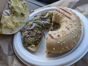 Pesto cheese bagel at It's All Good Brew in Blenheim
