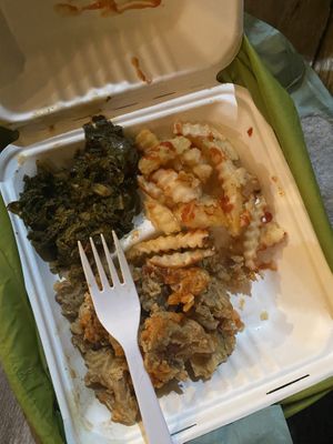 Chick’n plate with fries and collard greens (we’re not gonna talk about how I dropped my to go box and everything got jumbled bc it still tasted amazing!)  at Soul's Kitchen in Raleigh