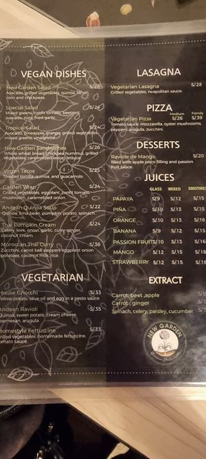 Vegan / vegetarian menu at New Garden in Cusco