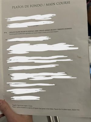 Main course menu  at Inkaterra Machu Picchu Pueblo Hotel in Aguas Calientes