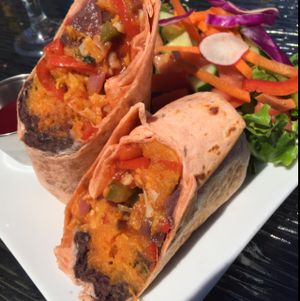 sweet potato black bean burrito at Ancient Cedars Cafe in Tobermory