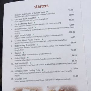 Menu Starters at Ancient Cedars Cafe in Tobermory