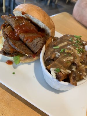 BBQ seitan sandwich with poutine.  at Ancient Cedars Cafe in Tobermory
